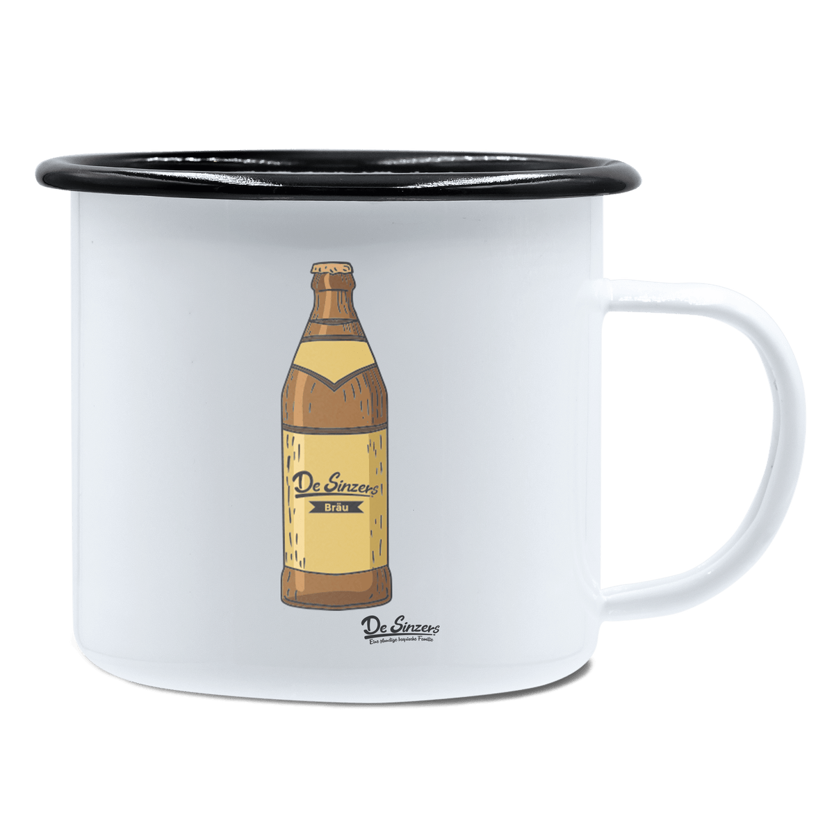 Die Elemente Bierflasche Emaille Tasse 450ml Weiss Schwarz Spitzstein Front