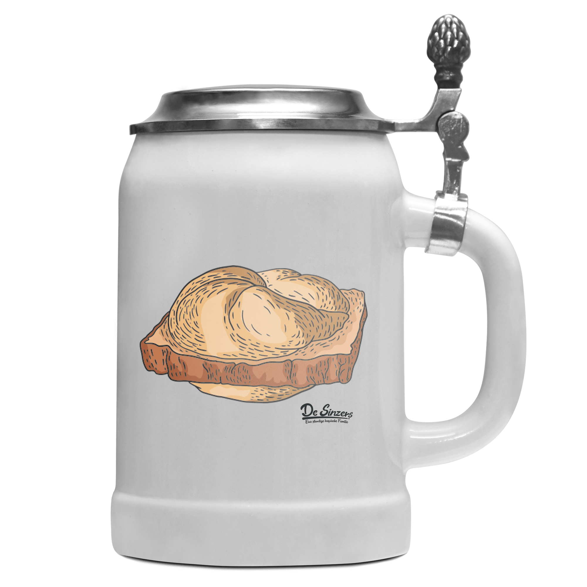 Die Elemente Leberkassemmel Bierkrug 500ml Weiss mit Deckel Wetterspitzen Front
