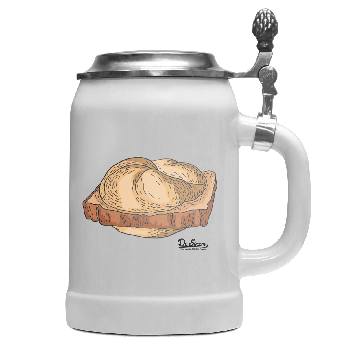 Die Elemente Leberkassemmel Bierkrug 500ml Weiss mit Deckel Wetterspitzen Front