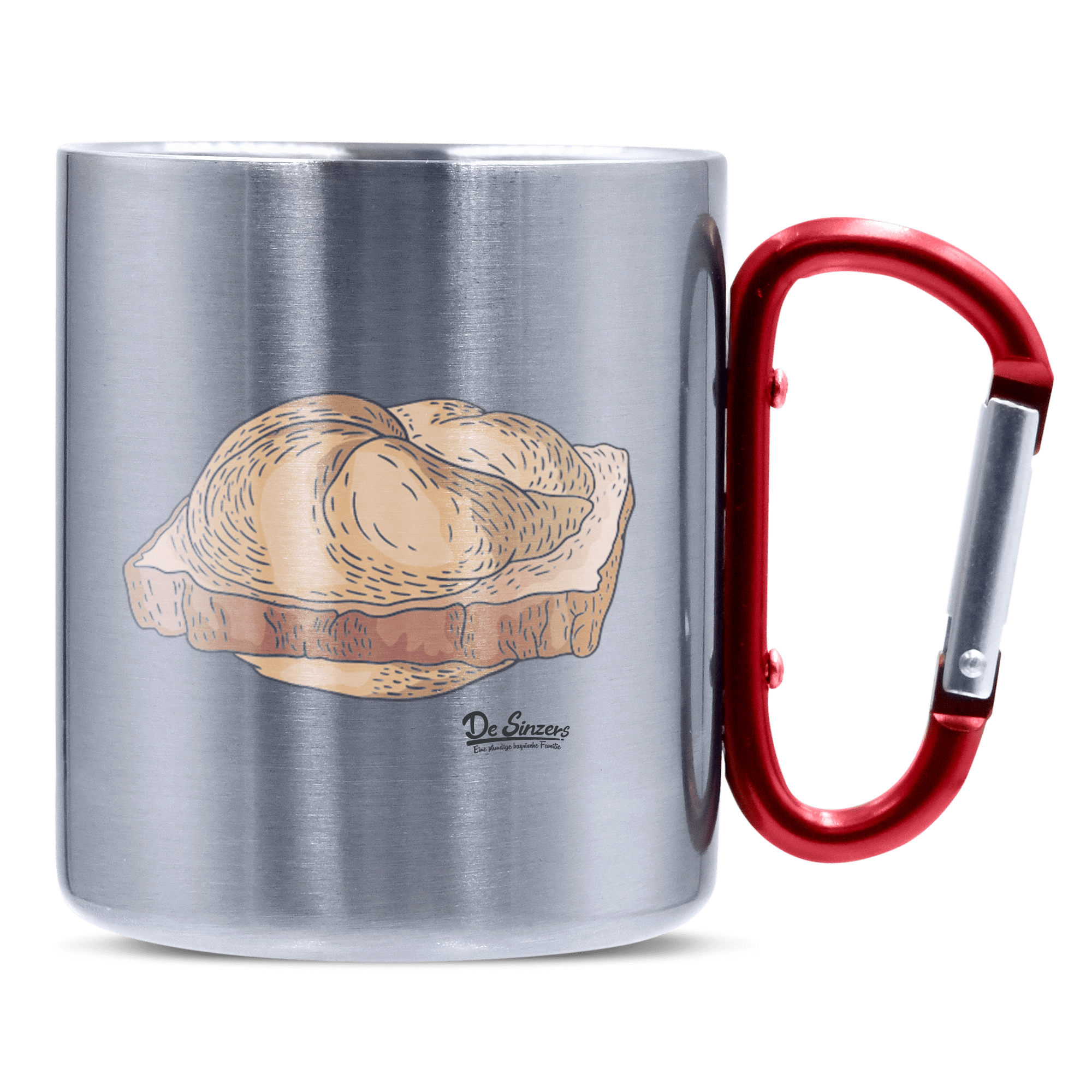 Die Elemente Leberkassemmel Edelstahl Kaffeetasse roter Karabiner 320ml Kitzstein Front