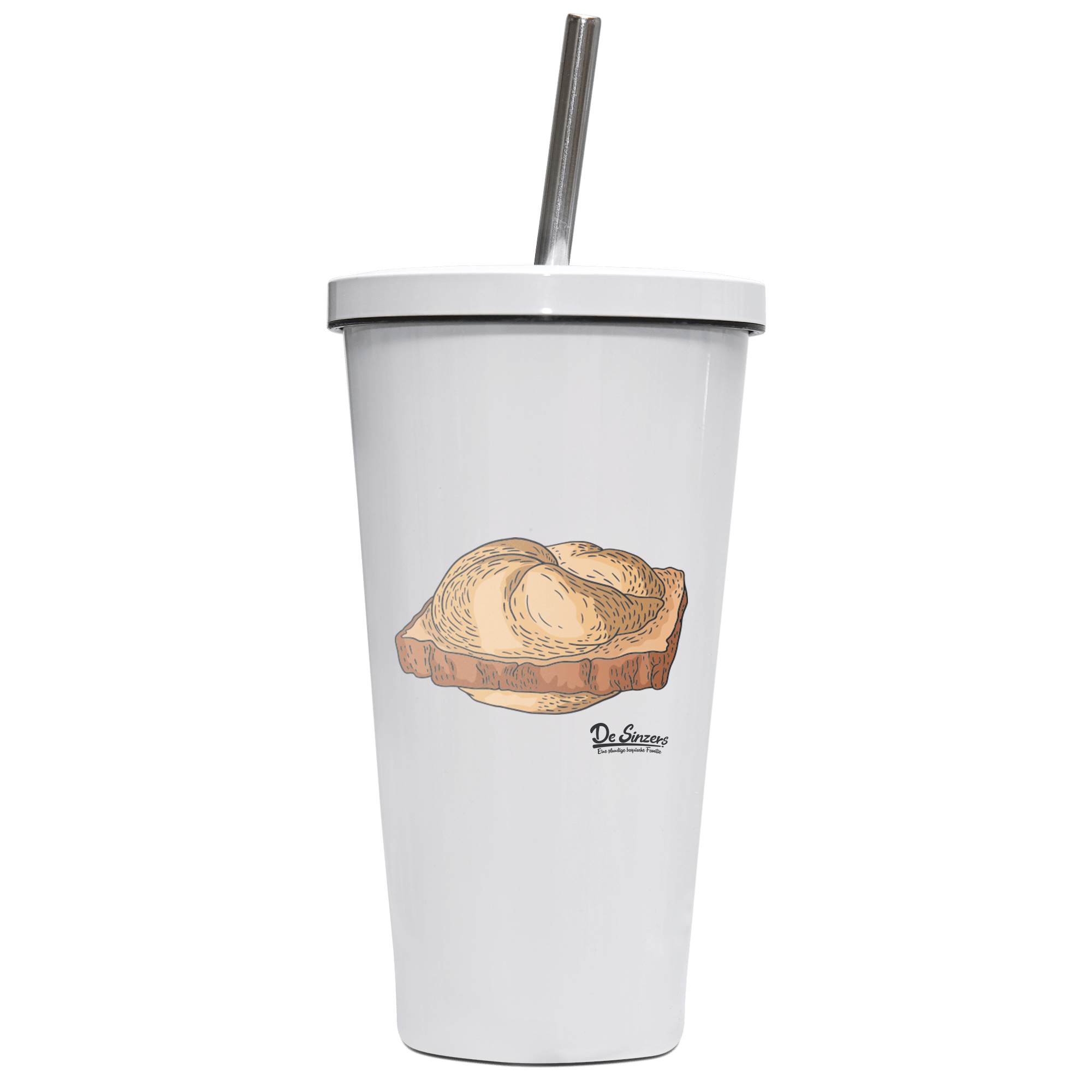 Die Elemente Leberkassemmel Edelstahl Trinkbecher mit Strohhalm 480ml Weiss Krottenkopf Front