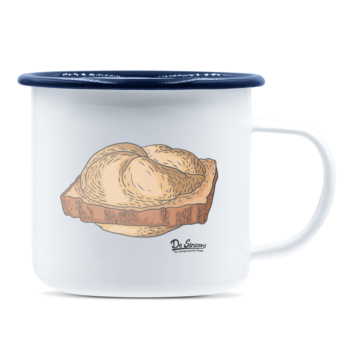 Die Elemente Leberkassemmel Emaille Tasse 375ml Weiss Blau Heuberg Front