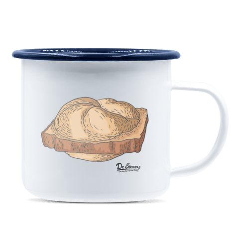 Die Elemente Leberkassemmel Emaille Tasse 375ml Weiss Blau Heuberg Front