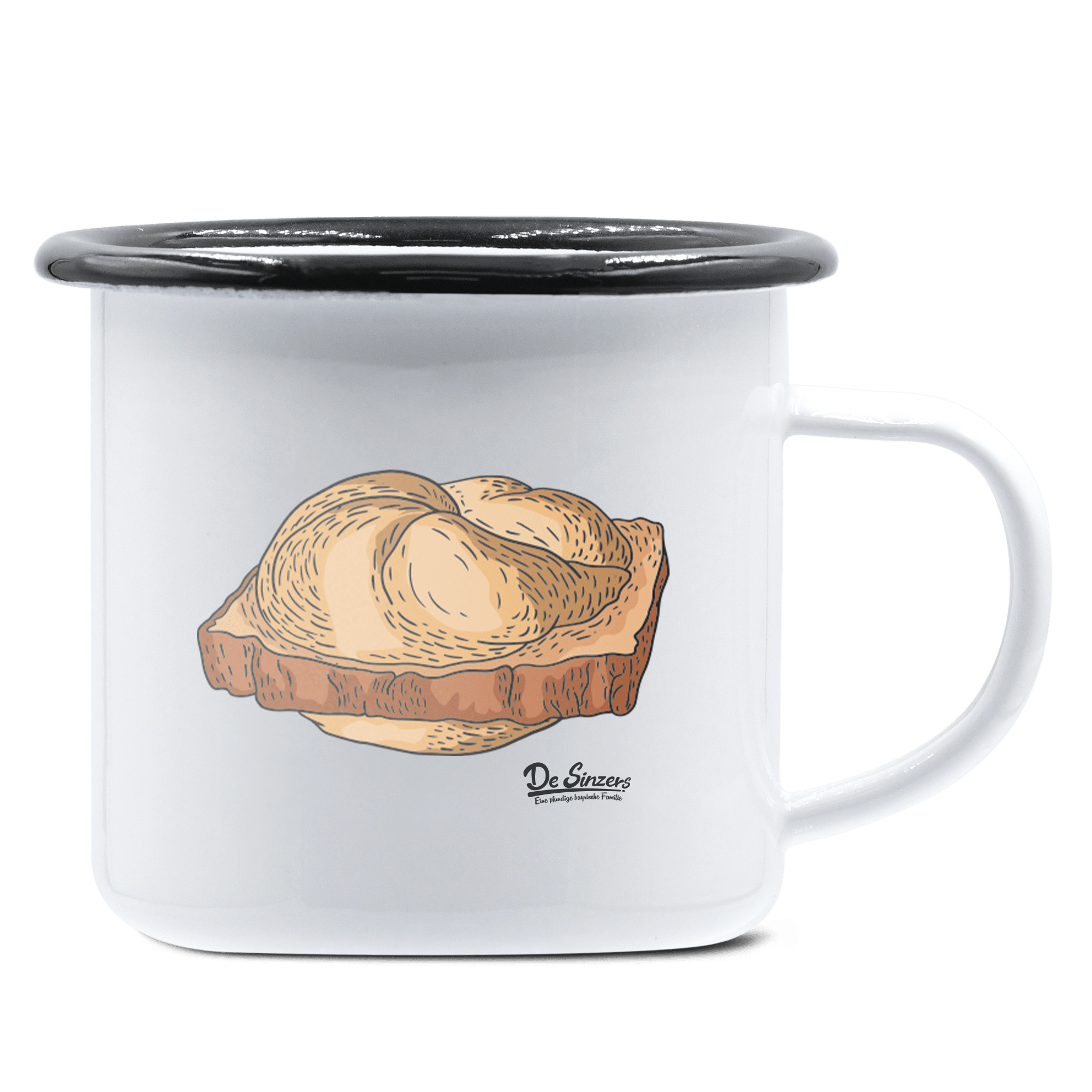 Die Elemente Leberkassemmel Emaille Tasse 375ml Weiss Schwarz Hochries Front