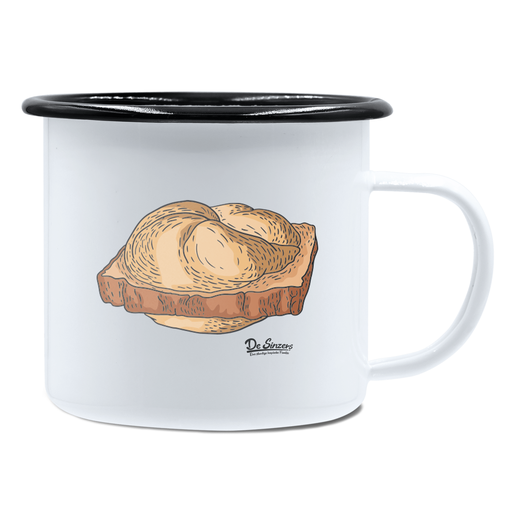 Die Elemente Leberkassemmel Emaille Tasse 450ml Weiss Schwarz Spitzstein Front