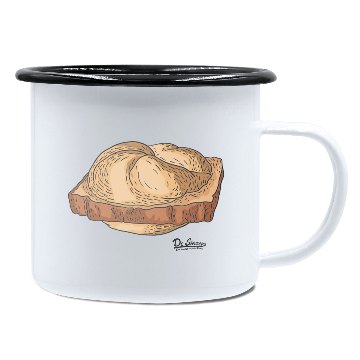 Die Elemente Leberkassemmel Emaille Tasse 450ml Weiss Schwarz Spitzstein Front