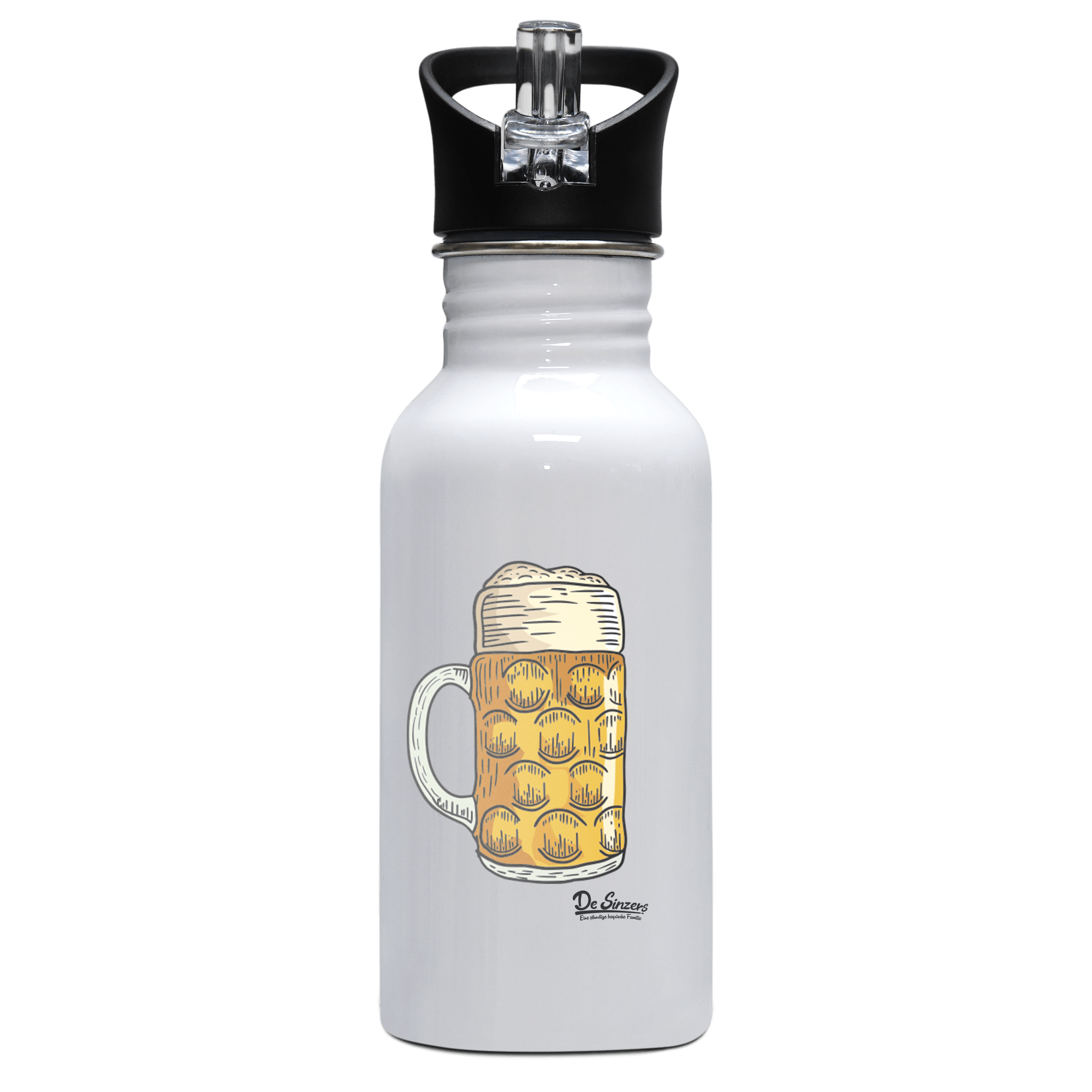 Die Elemente Mass Bier Edelstahl Trinkflasche mit klappbarem Mundstueck 500ml Weiss Rotwand Front