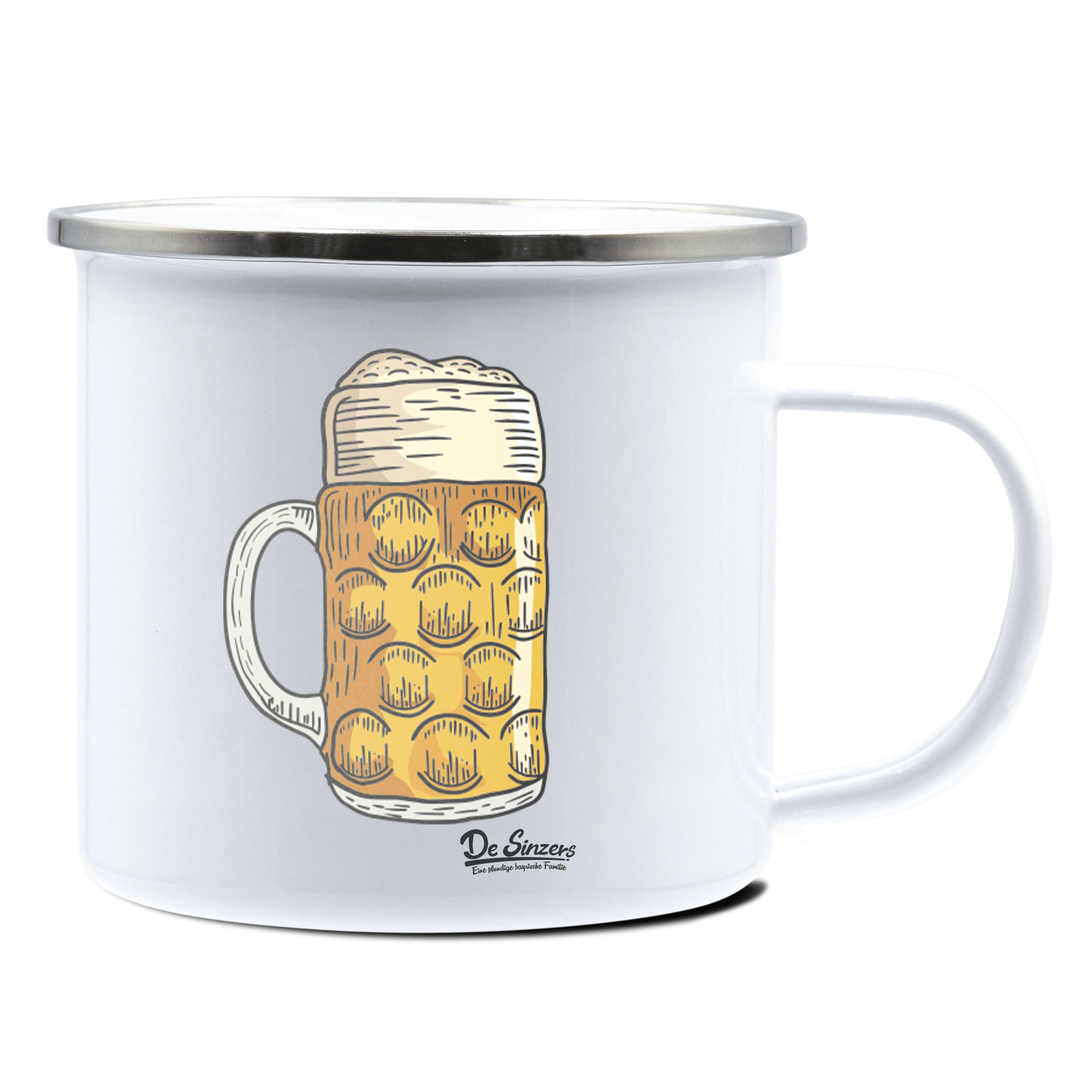 Die Elemente Mass Bier Emaille Tasse 375ml Weiss Silber Kampenwand Front