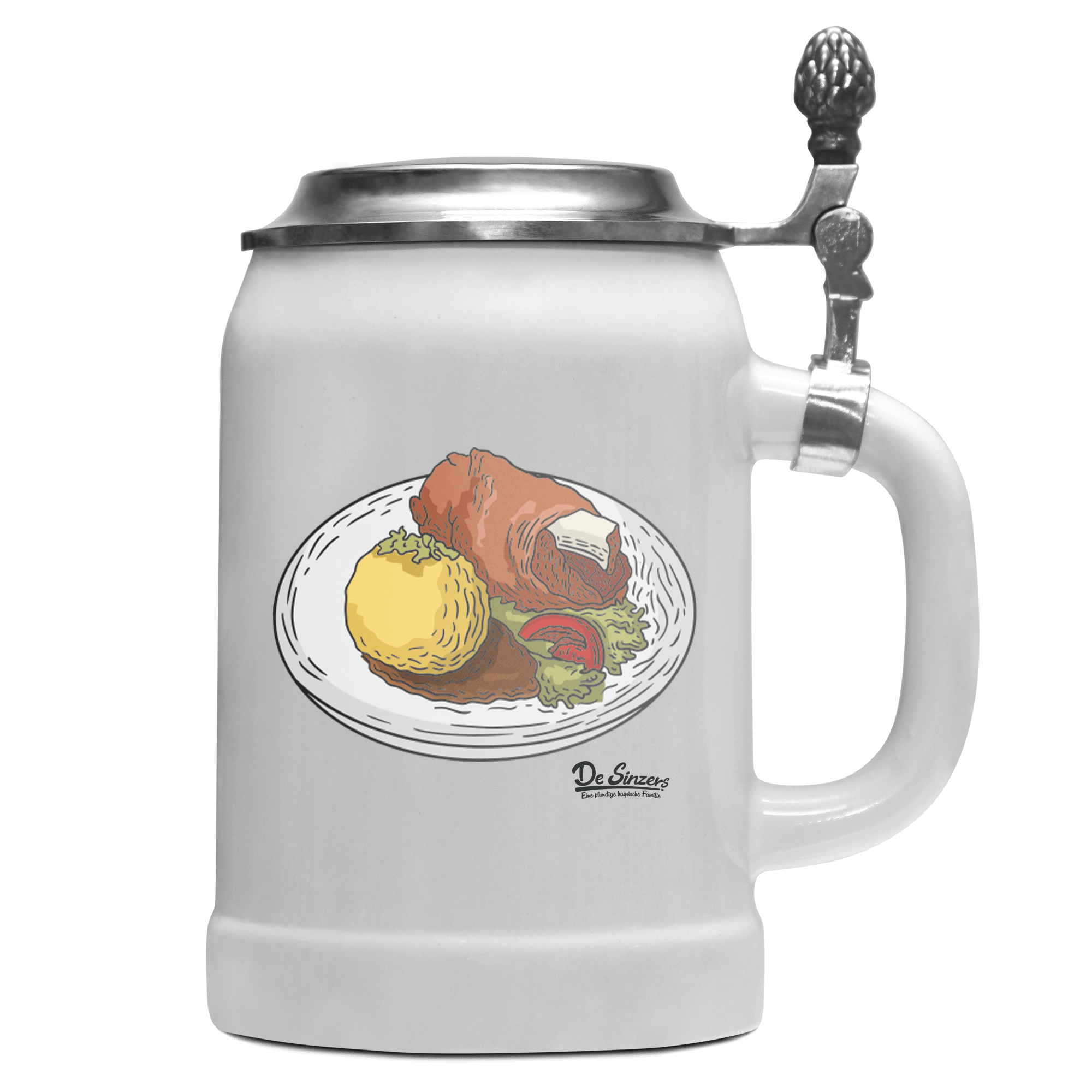 Die Elemente Schweinsbraten Bierkrug 500ml Weiss mit Deckel Wetterspitzen Front