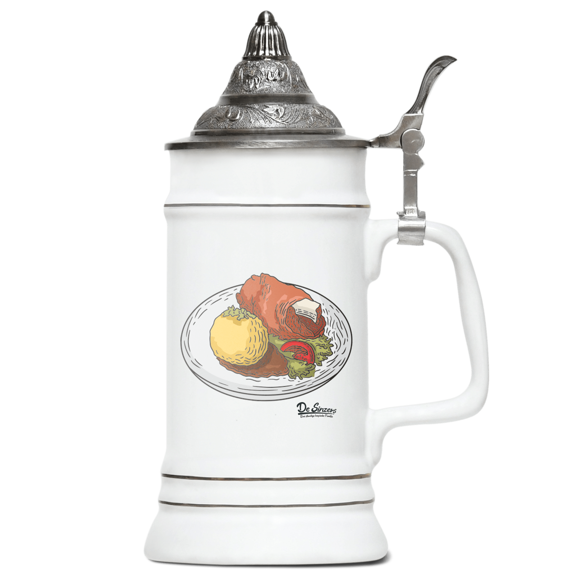 Die Elemente Schweinsbraten Bierkrug 500ml Weiss mit Spitzdeckel Wendelstein Front
