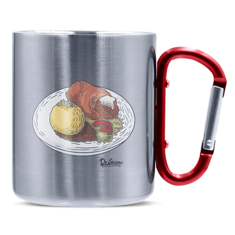 Die Elemente Schweinsbraten Edelstahl Kaffeetasse roter Karabiner 320ml Kitzstein Front