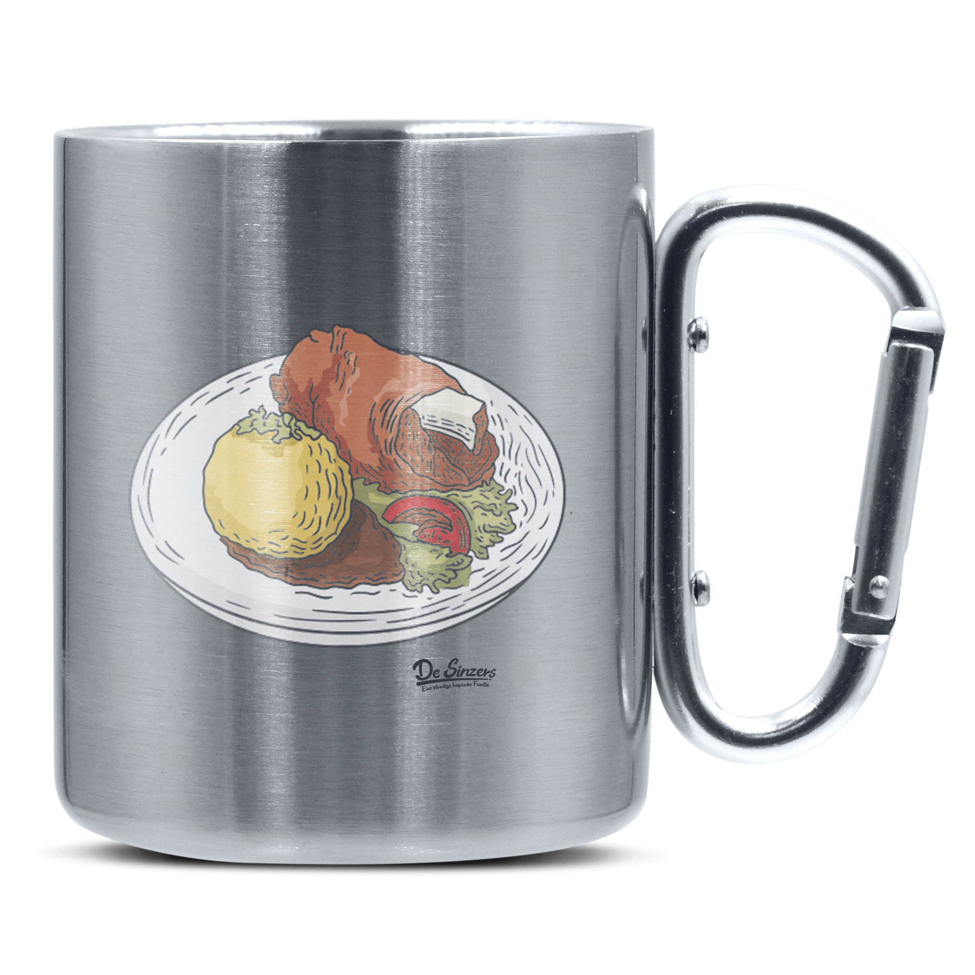 Die Elemente Schweinsbraten Edelstahl Kaffeetasse silberer Karabiner 320ml Grosser Traithen Front
