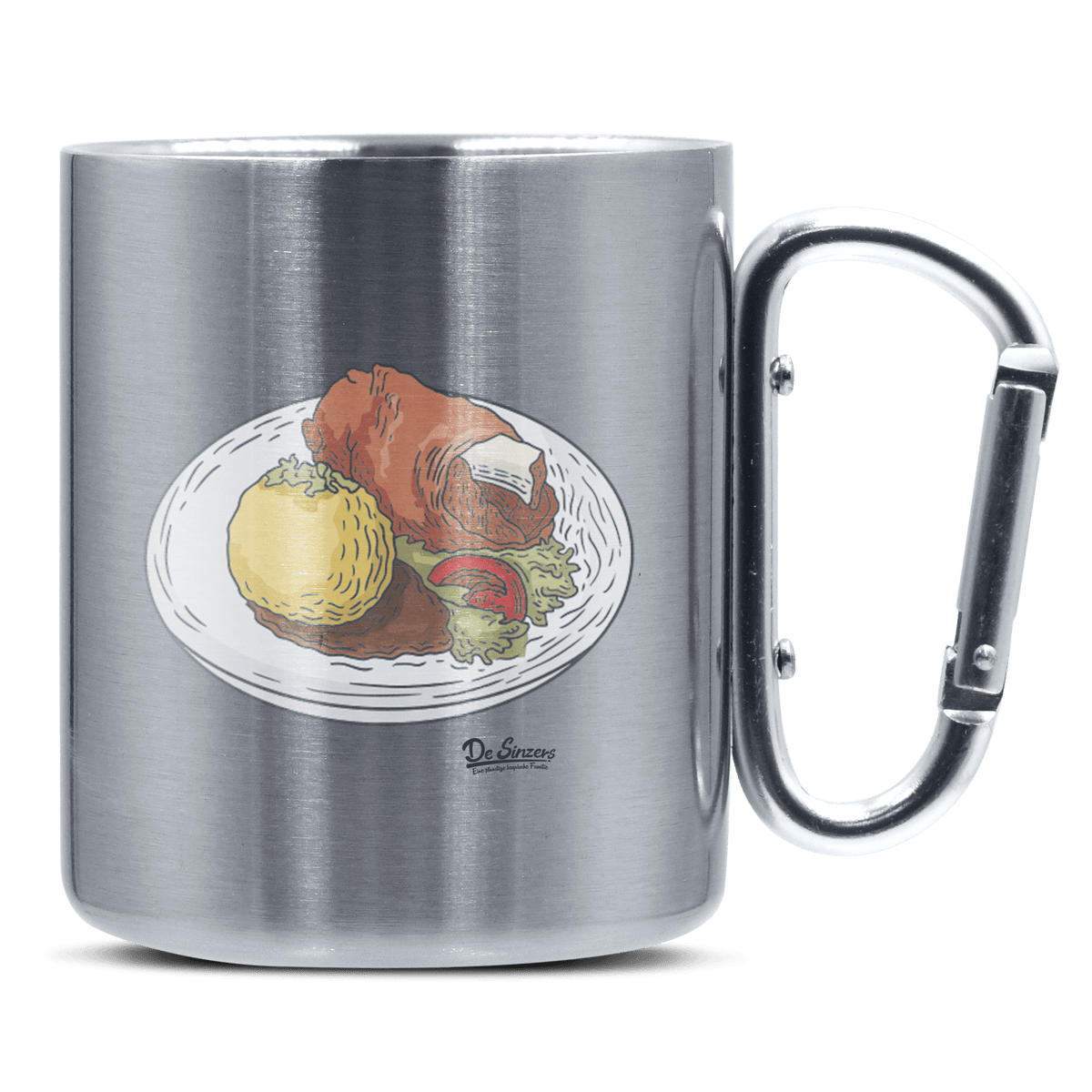 Die Elemente Schweinsbraten Edelstahl Kaffeetasse silberer Karabiner 320ml Grosser Traithen Front