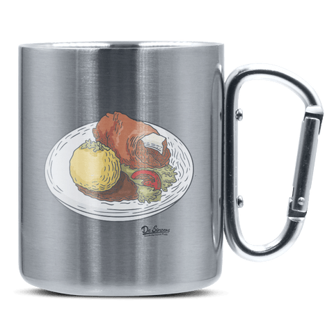 Die Elemente Schweinsbraten Edelstahl Kaffeetasse silberer Karabiner 320ml Grosser Traithen Front