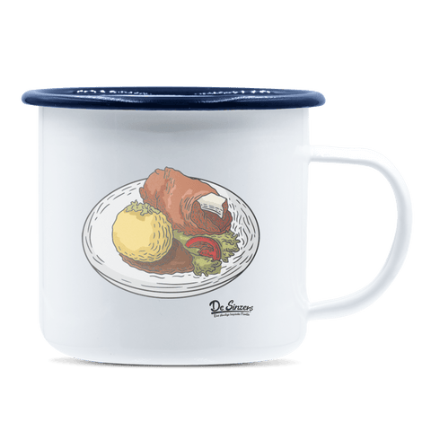 Die Elemente Schweinsbraten Emaille Tasse 375ml Weiss Blau Heuberg Front