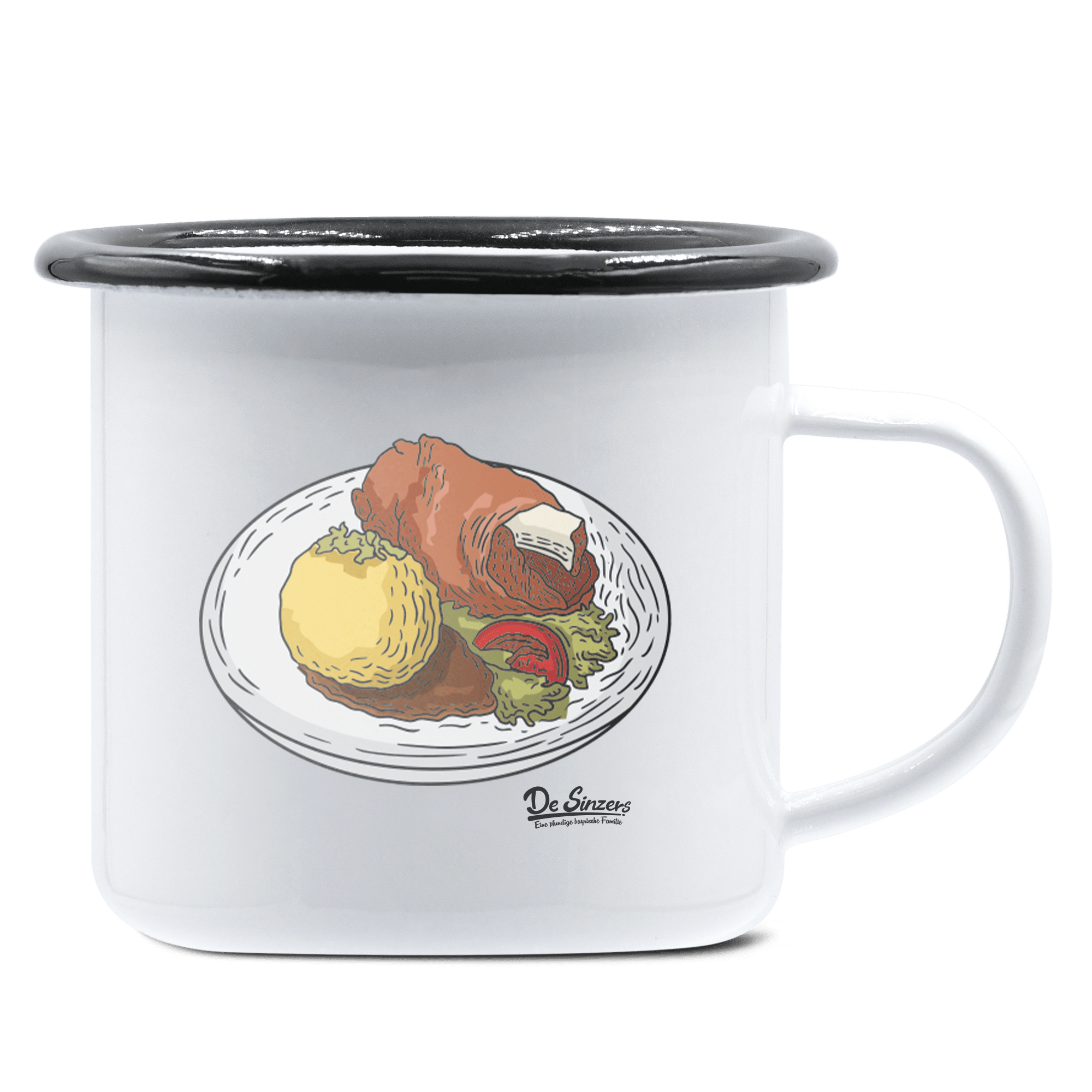 Die Elemente Schweinsbraten Emaille Tasse 375ml Weiss Schwarz Hochries Front