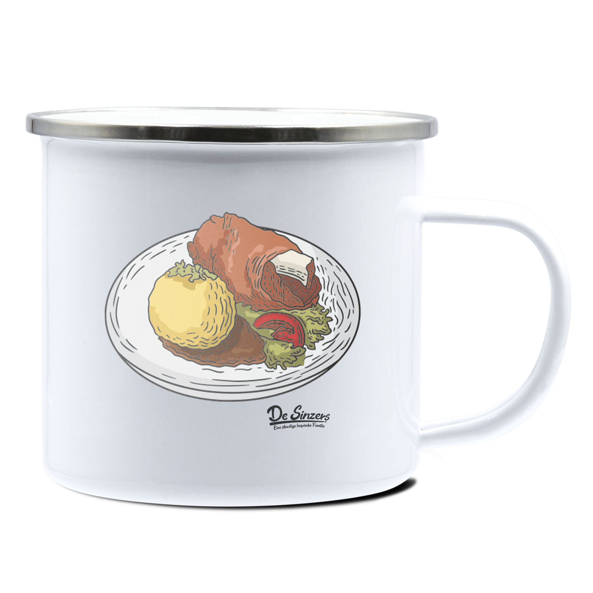 Die Elemente Schweinsbraten Emaille Tasse 375ml Weiss Silber Kampenwand Front