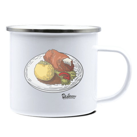 Die Elemente Schweinsbraten Emaille Tasse 375ml Weiss Silber Kampenwand Front