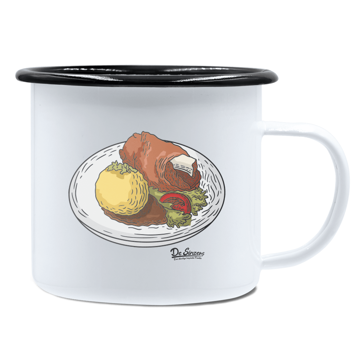 Die Elemente Schweinsbraten Emaille Tasse 450ml Weiss Schwarz Spitzstein Front