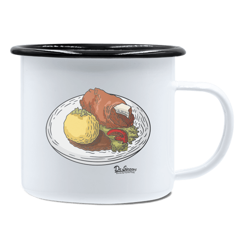 Die Elemente Schweinsbraten Emaille Tasse 450ml Weiss Schwarz Spitzstein Front