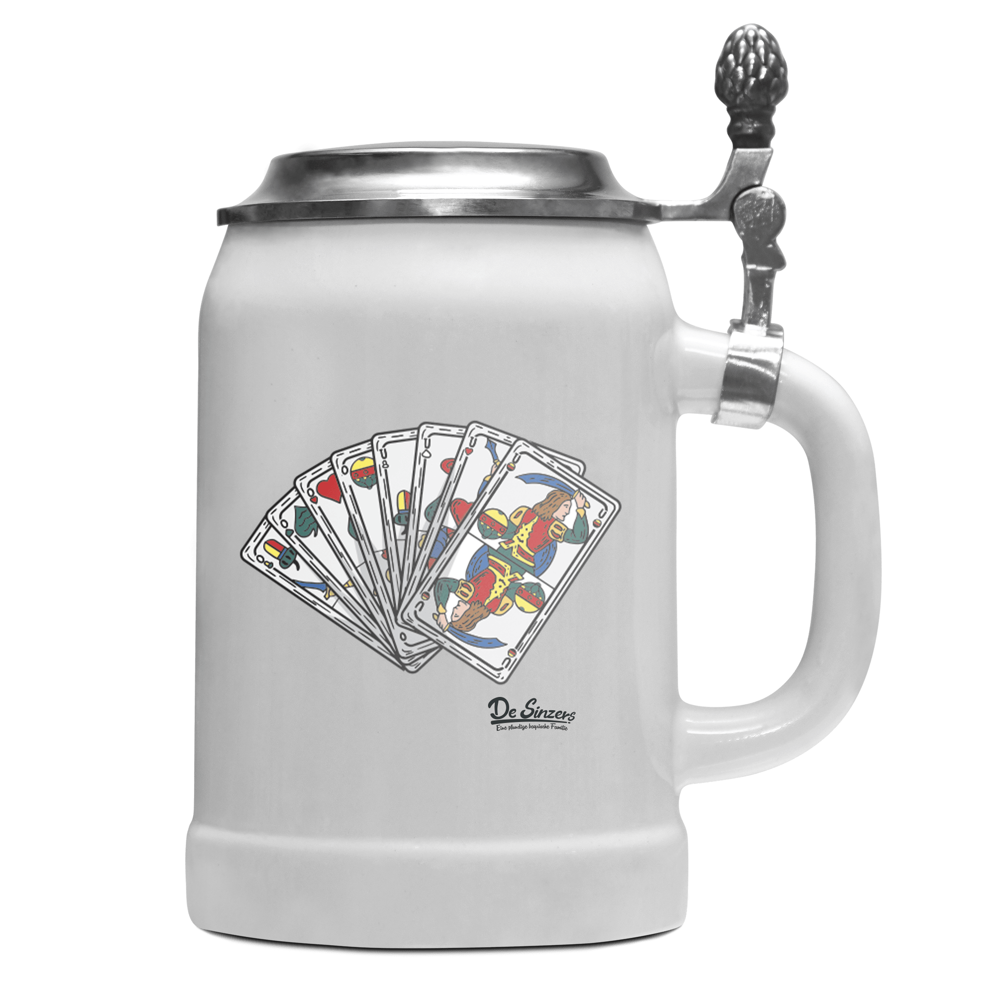 Die Elemente Spielkarten Bierkrug 500ml Weiss mit Deckel Wetterspitzen Front