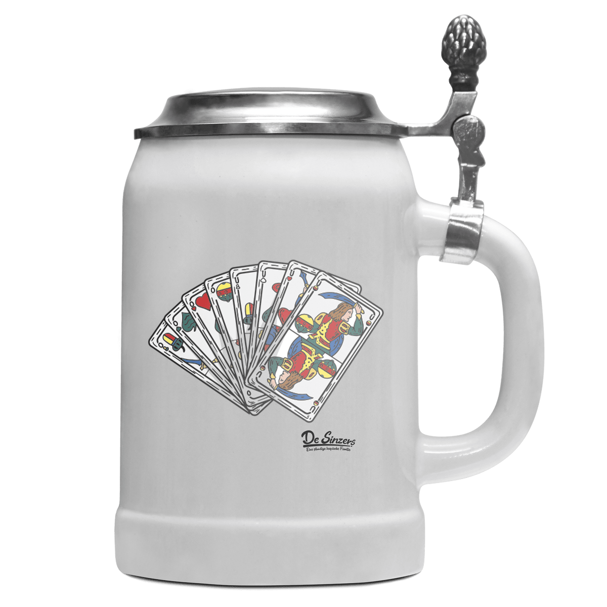Die Elemente Spielkarten Bierkrug 500ml Weiss mit Deckel Wetterspitzen Front
