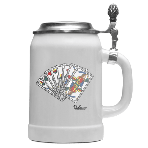 Die Elemente Spielkarten Bierkrug 500ml Weiss mit Deckel Wetterspitzen Front