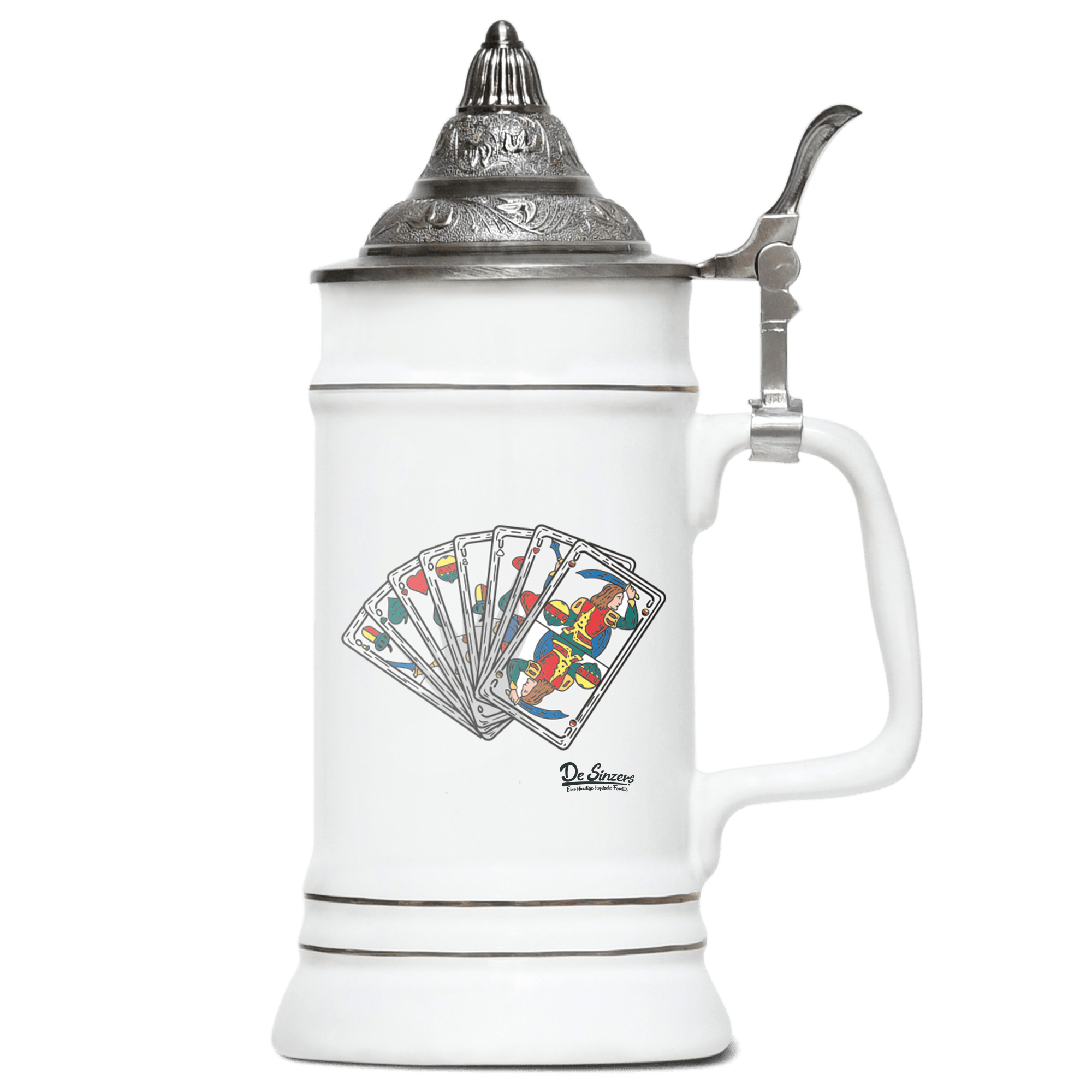 Die Elemente Spielkarten Bierkrug 500ml Weiss mit Spitzdeckel Wendelstein Front