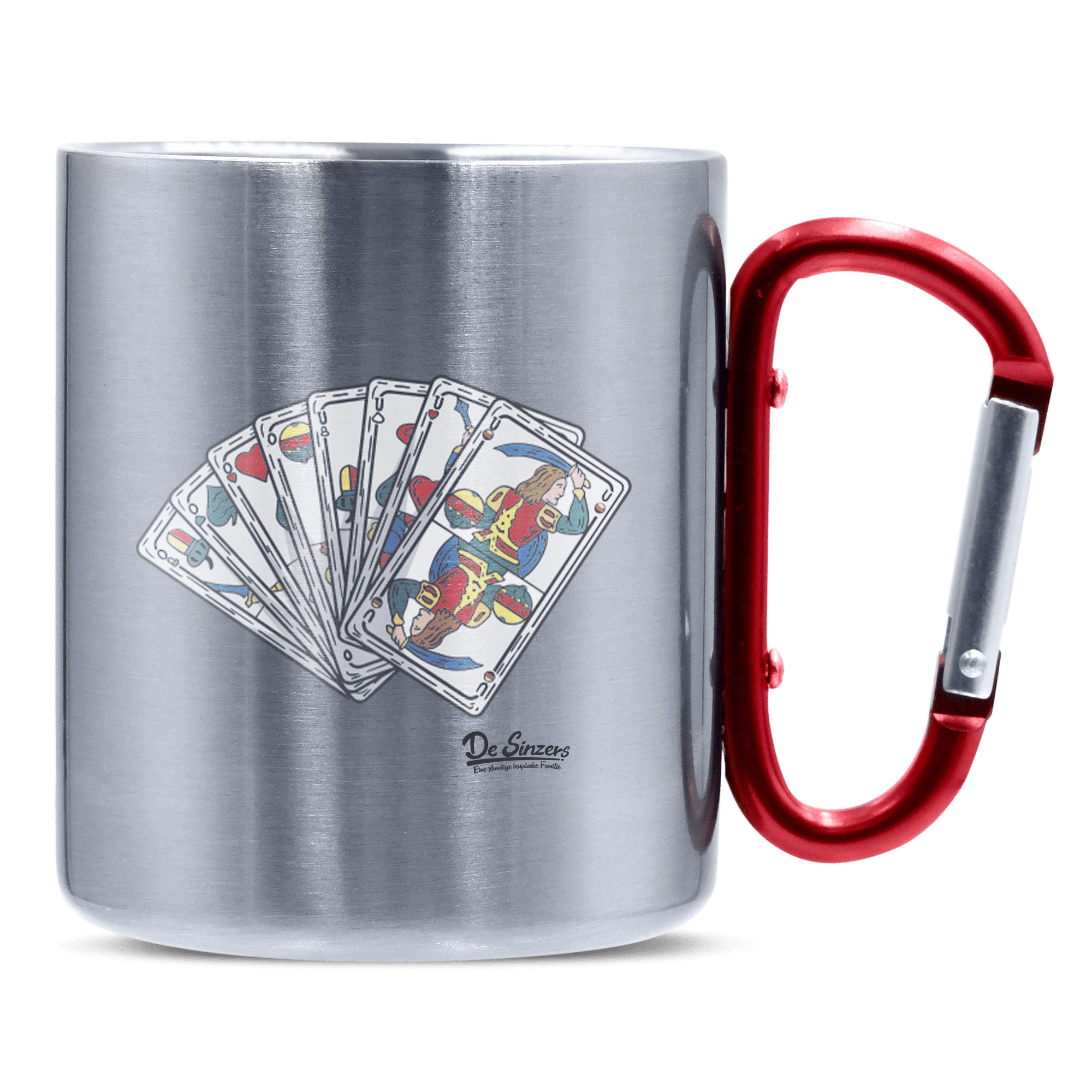 Die Elemente Spielkarten Edelstahl Kaffeetasse roter Karabiner 320ml Kitzstein Front