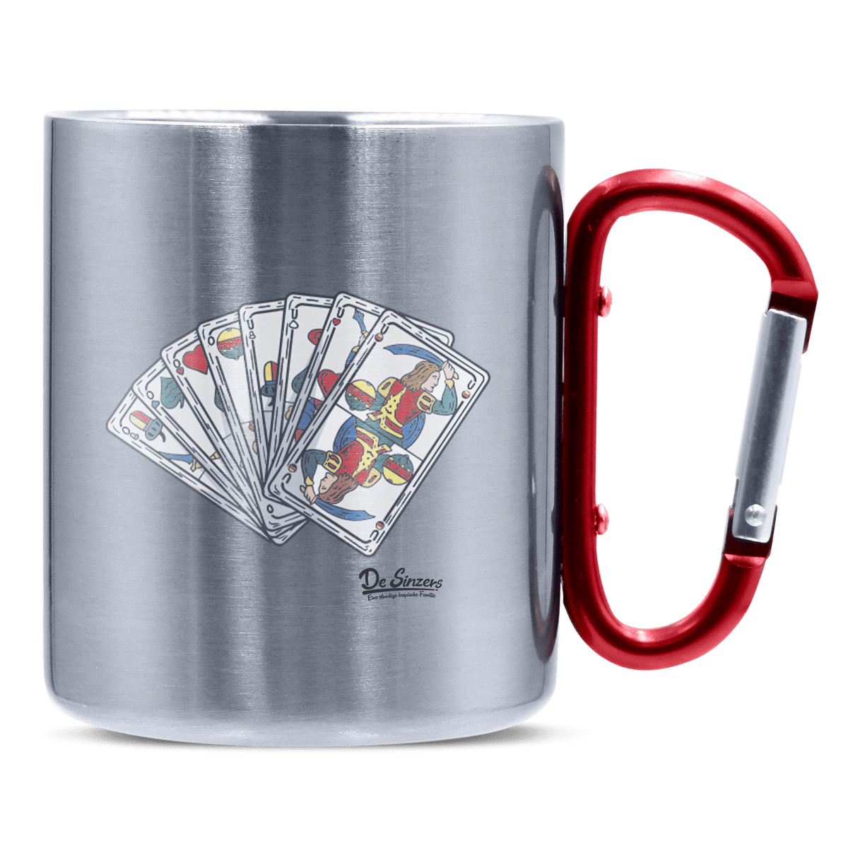 Die Elemente Spielkarten Edelstahl Kaffeetasse roter Karabiner 320ml Kitzstein Front
