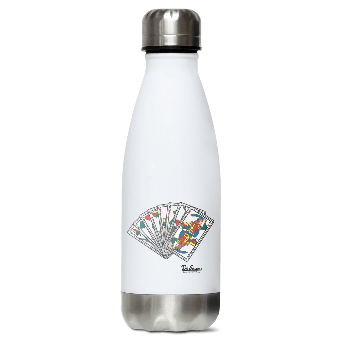 Die Elemente Spielkarten Edelstahl Thermoflasche 350ml Weiss Silber Kreuzspitze Front