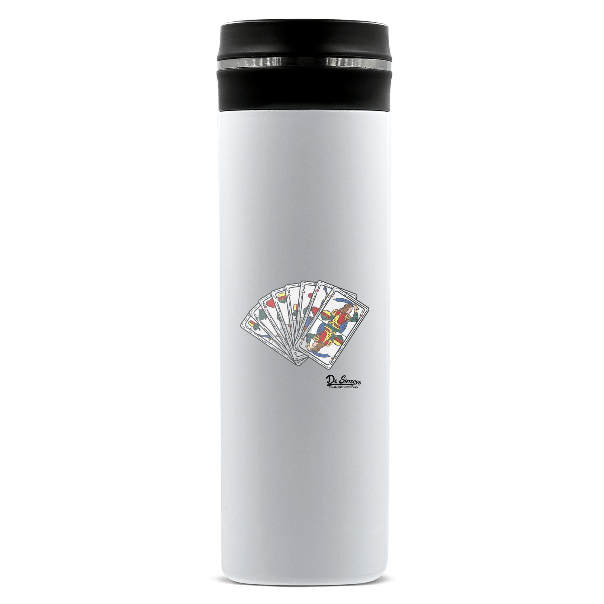 Die Elemente Spielkarten Edelstahl Thermoflasche 450ml Weiss Geigelstein Front