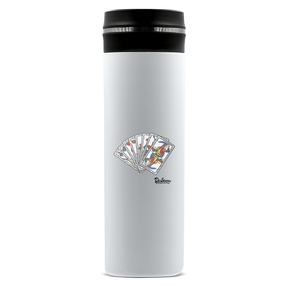 Die Elemente Spielkarten Edelstahl Thermoflasche 450ml Weiss Geigelstein Front