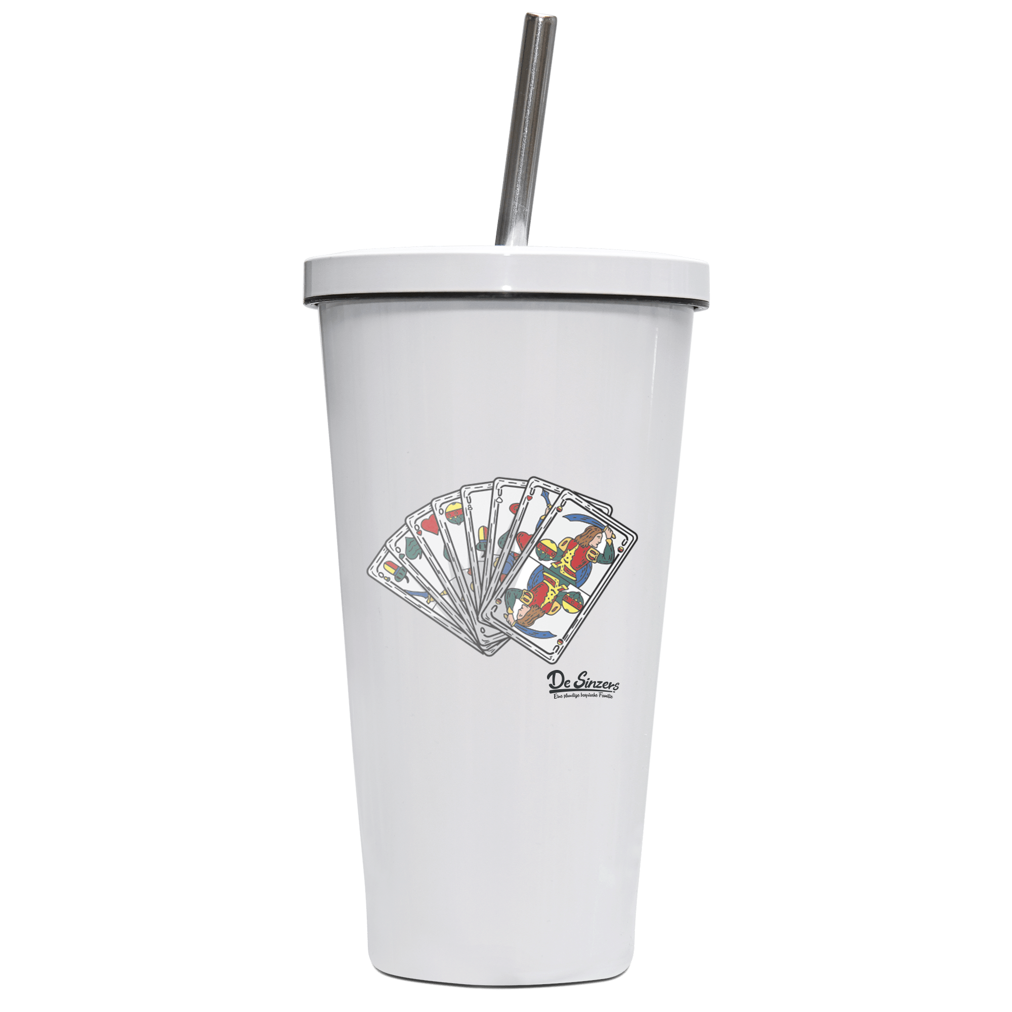 Die Elemente Spielkarten Edelstahl Trinkbecher mit Strohhalm 480ml Weiss Krottenkopf Front