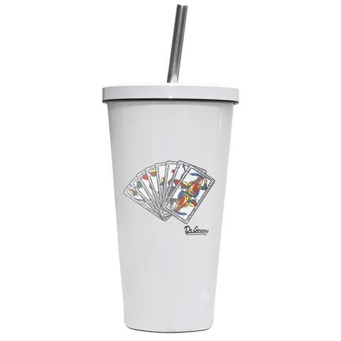 Die Elemente Spielkarten Edelstahl Trinkbecher mit Strohhalm 480ml Weiss Krottenkopf Front