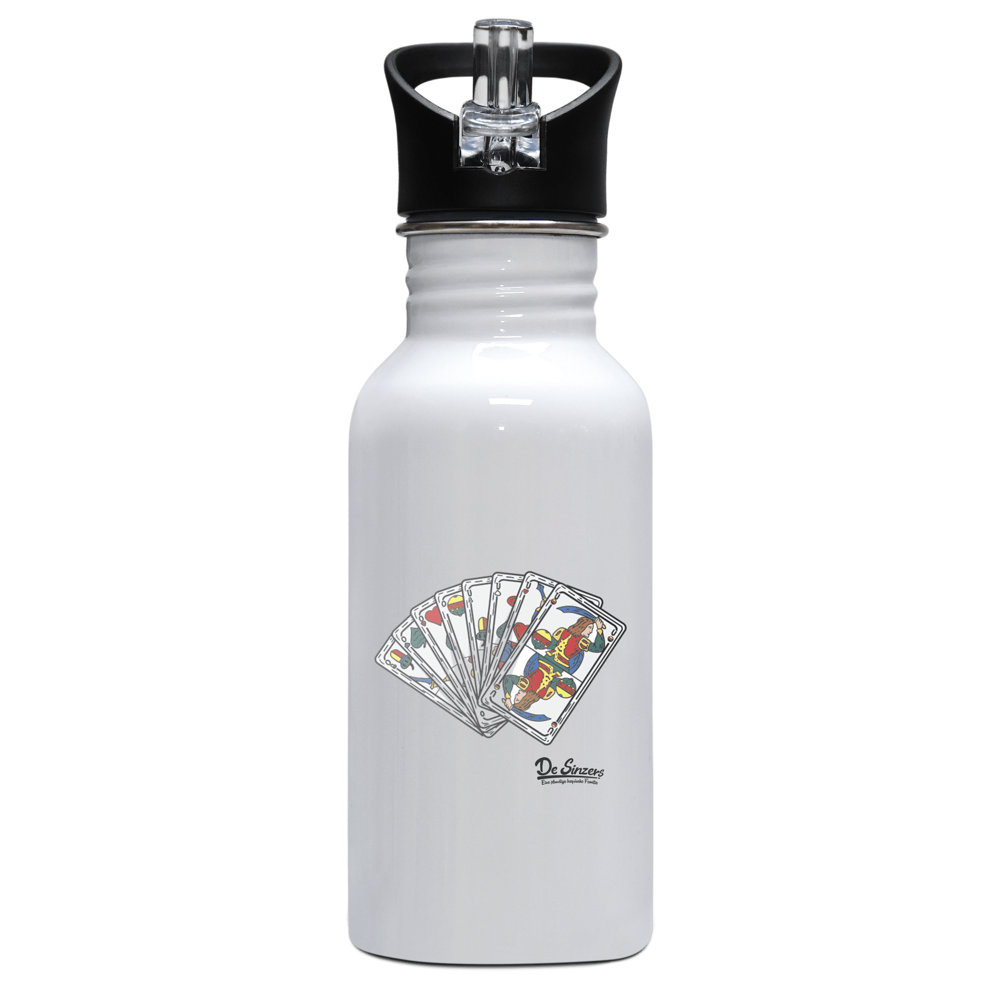 Die Elemente Spielkarten Edelstahl Trinkflasche mit klappbarem Mundstueck 500ml Weiss Rotwand Front