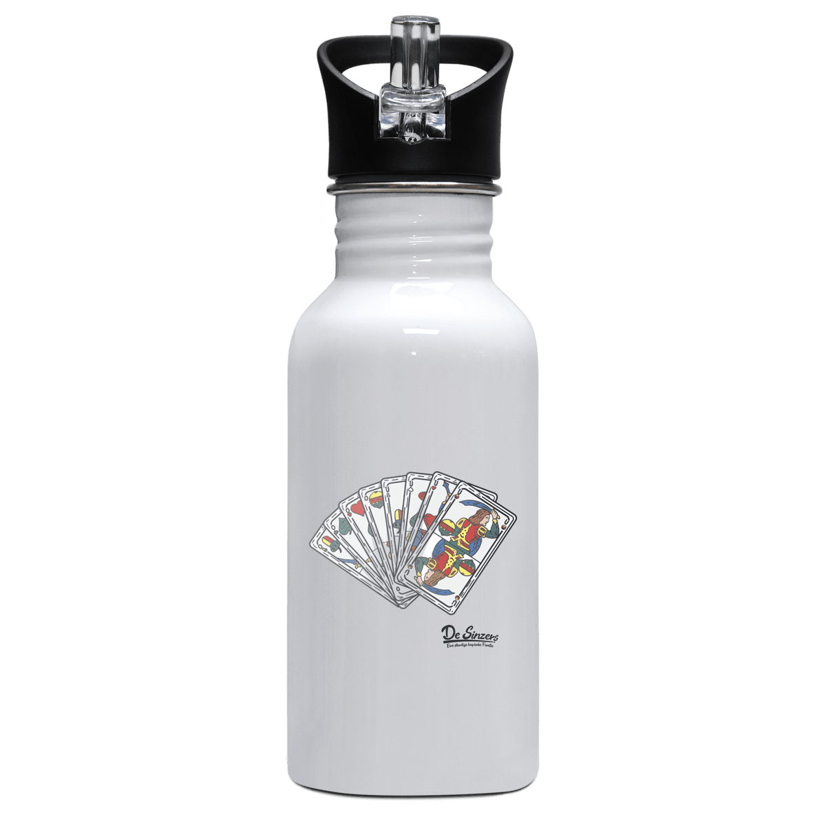 Die Elemente Spielkarten Edelstahl Trinkflasche mit klappbarem Mundstueck 500ml Weiss Rotwand Front