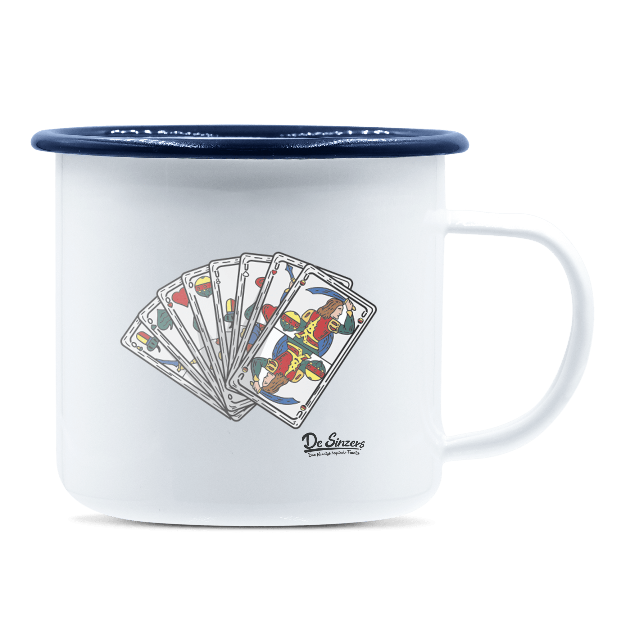 Die Elemente Spielkarten Emaille Tasse 375ml Weiss Blau Heuberg Front