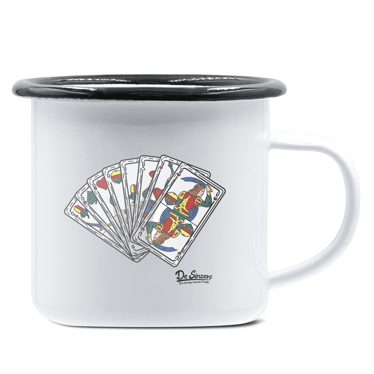 Die Elemente Spielkarten Emaille Tasse 375ml Weiss Schwarz Hochries Front