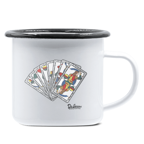 Die Elemente Spielkarten Emaille Tasse 375ml Weiss Schwarz Hochries Front