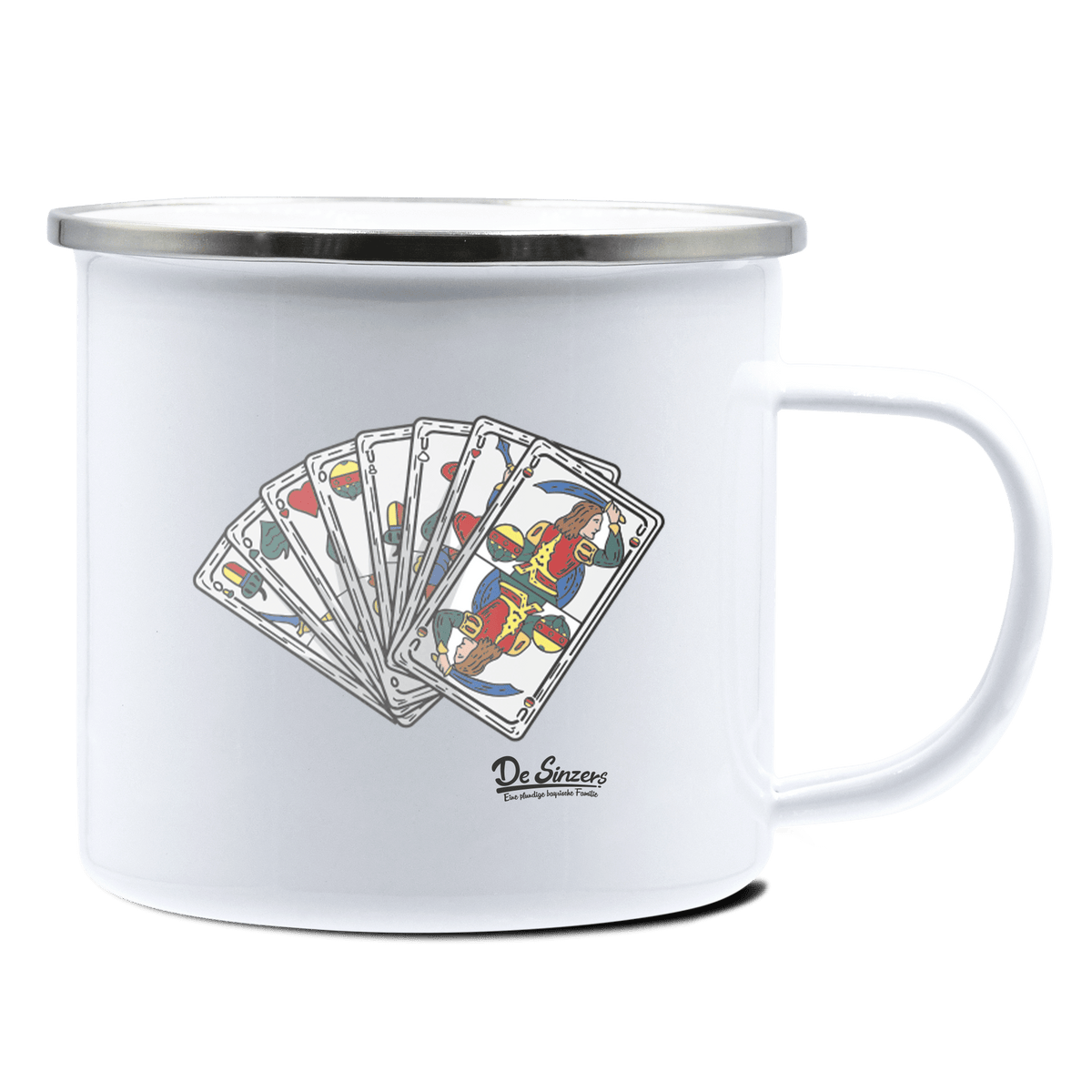 Die Elemente Spielkarten Emaille Tasse 375ml Weiss Silber Kampenwand Front