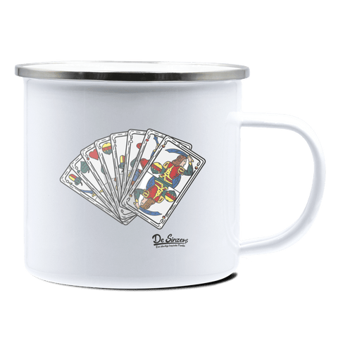 Die Elemente Spielkarten Emaille Tasse 375ml Weiss Silber Kampenwand Front