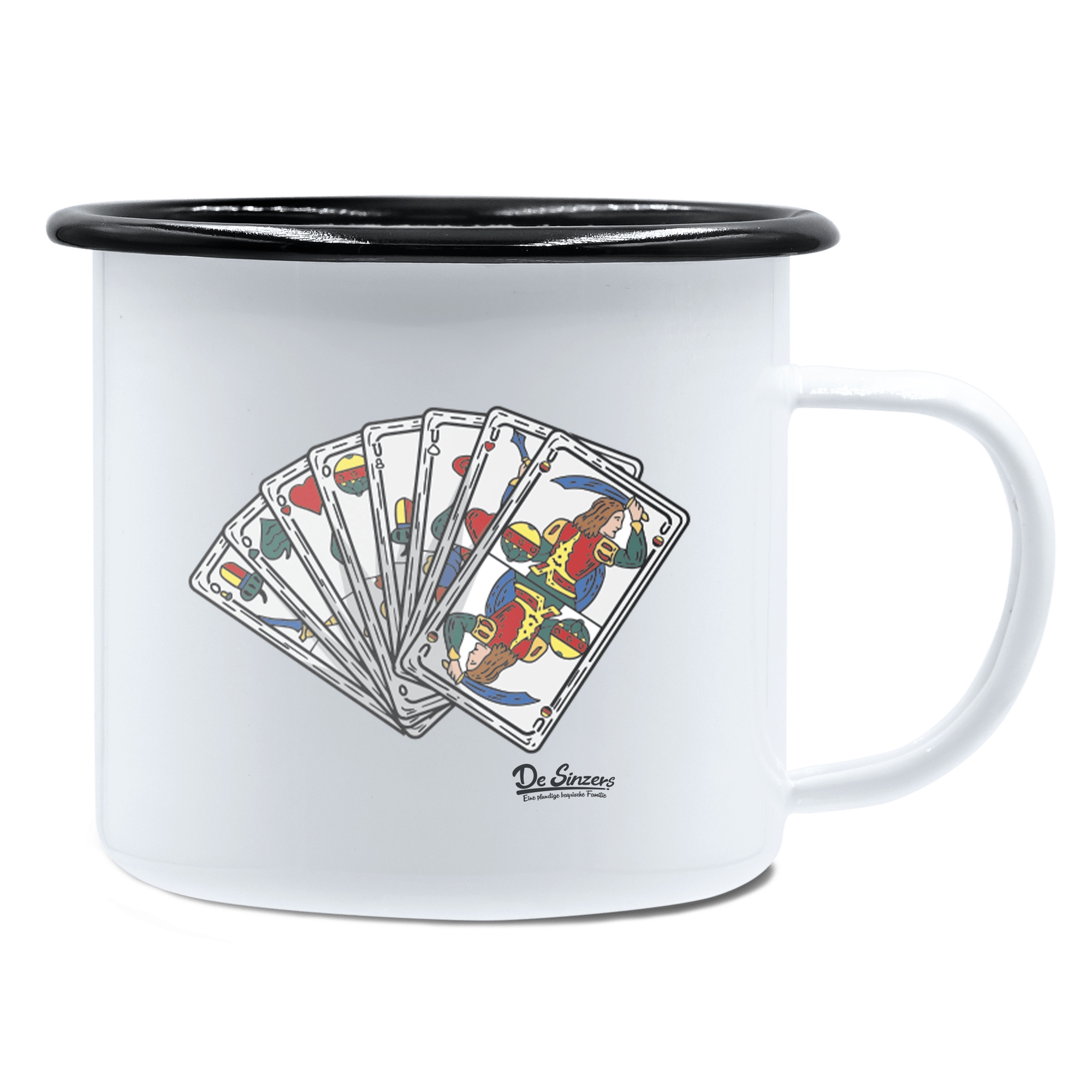 Die Elemente Spielkarten Emaille Tasse 450ml Weiss Schwarz Spitzstein Front