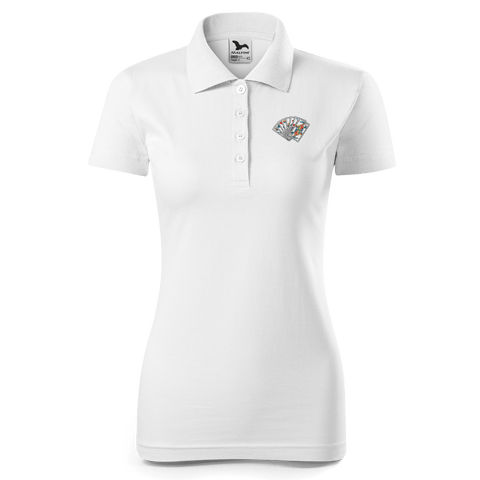 Die Elemente Spielkarten Polo Shirt Damen Weiss Simser Weg Front