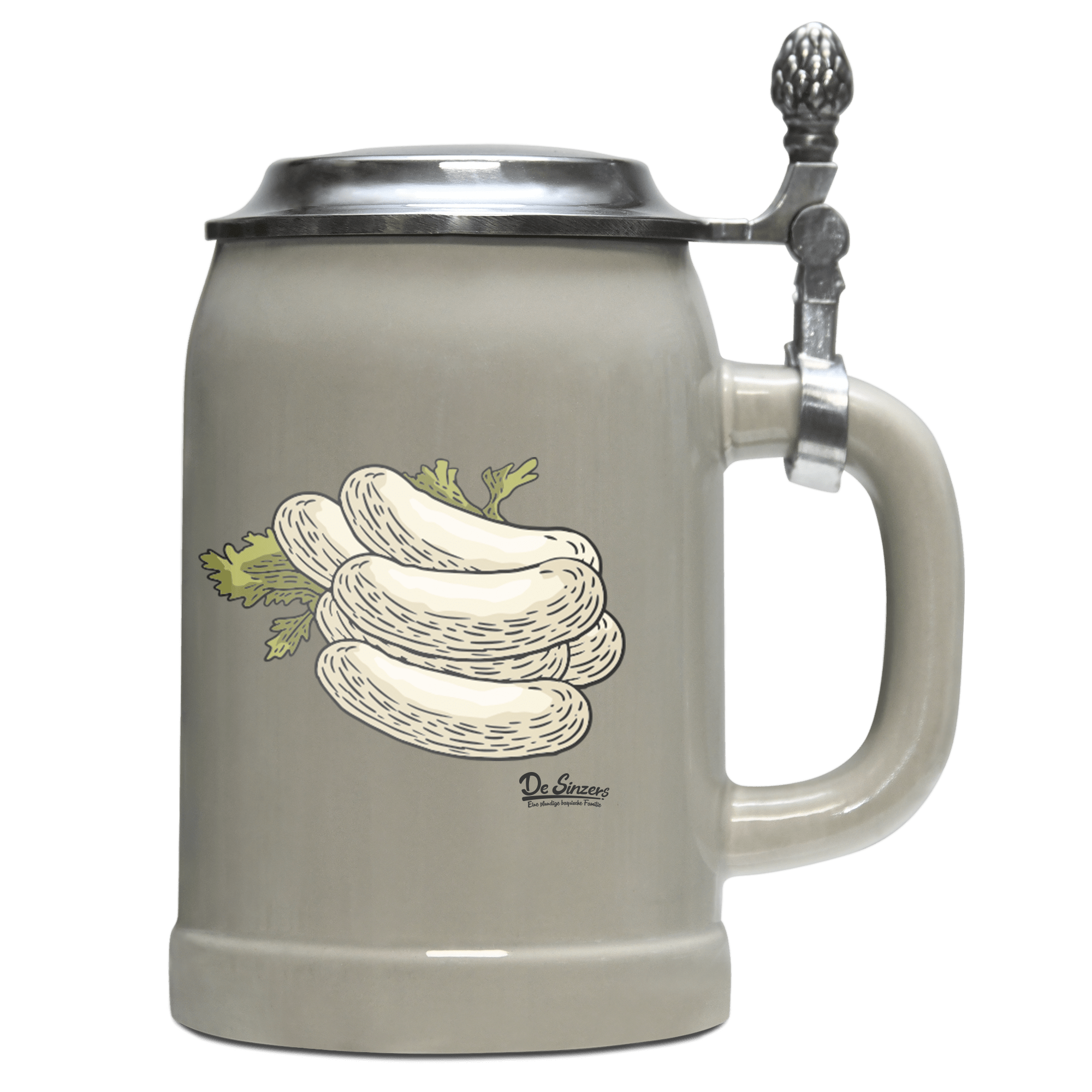 Die Elemente Weißwurscht Bierkrug 500ml Grau mit Deckel Hocheck Front