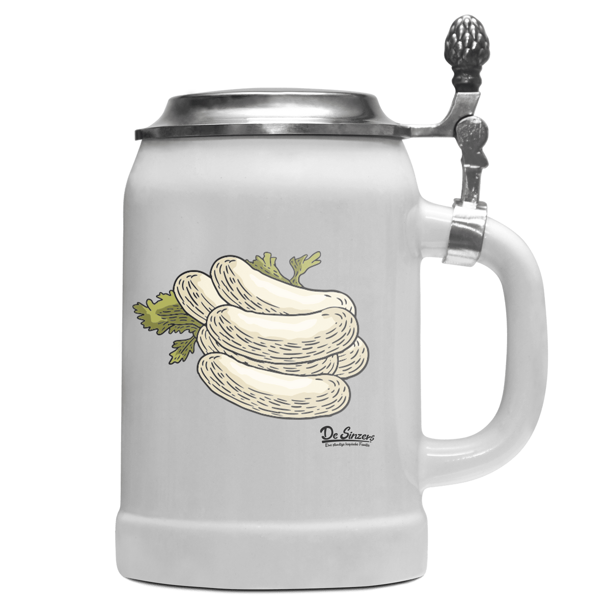 Die Elemente Weißwurscht Bierkrug 500ml Weiss mit Deckel Wetterspitzen Front