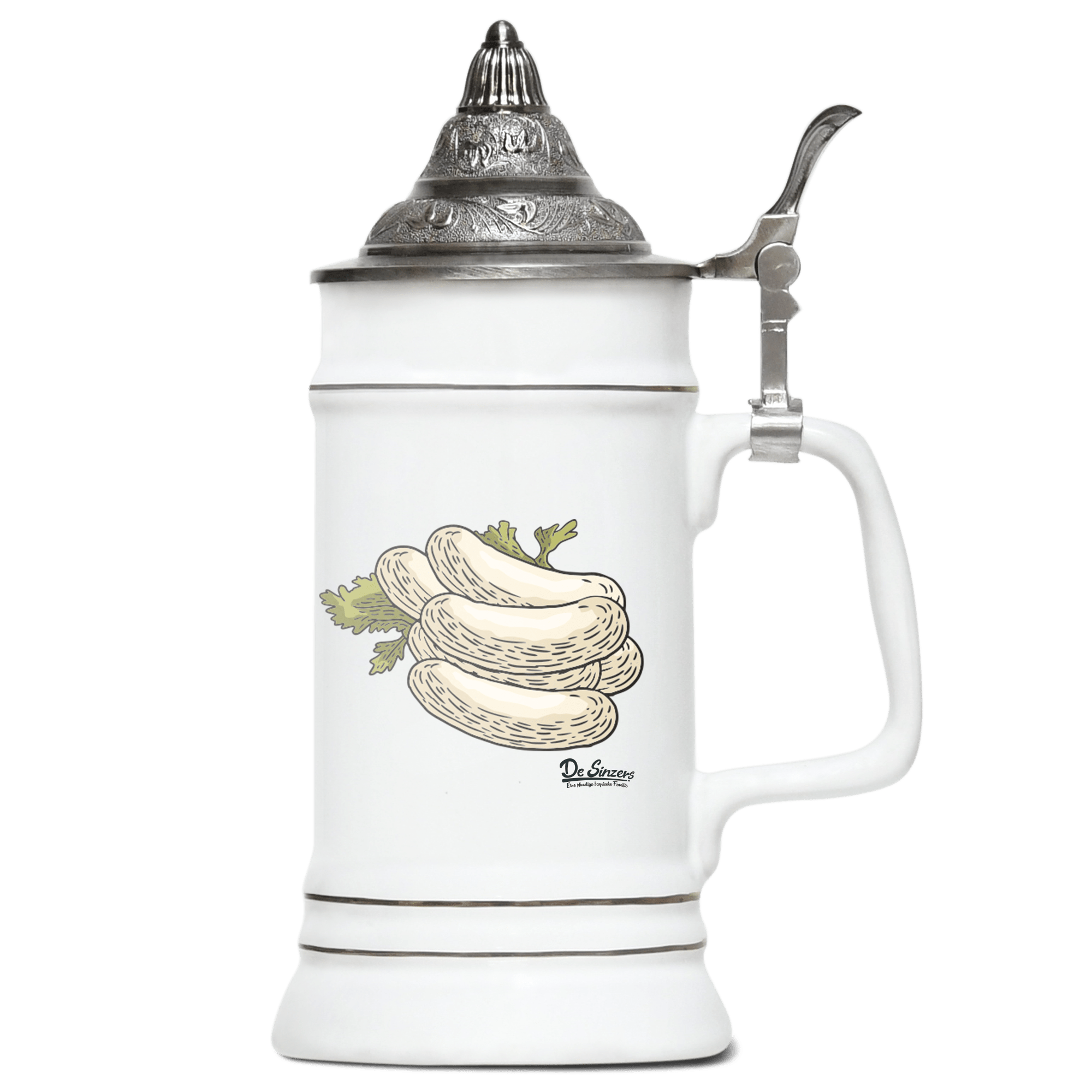Die Elemente Weißwurscht Bierkrug 500ml Weiss mit Spitzdeckel Wendelstein Front