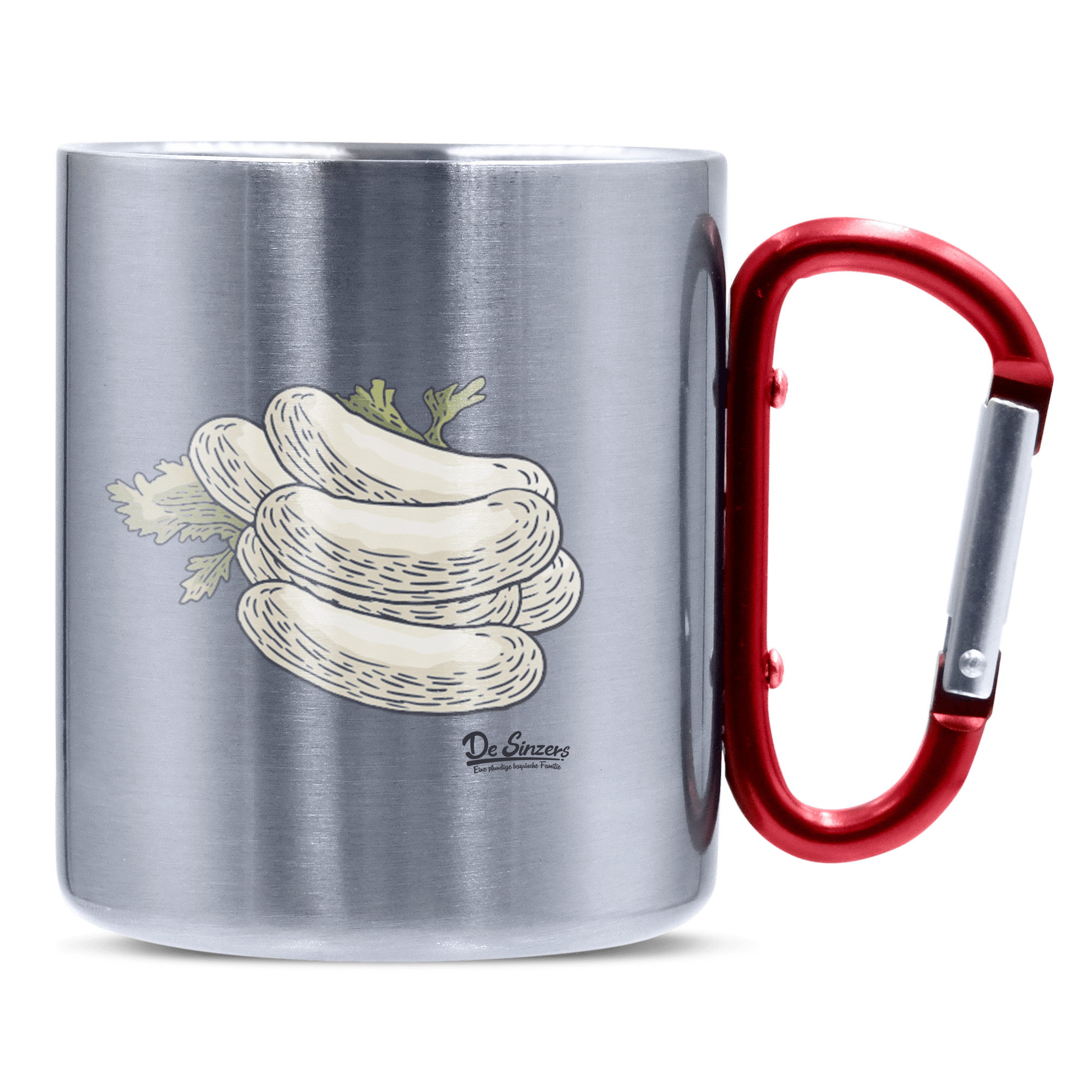 Die Elemente Weißwurscht Edelstahl Kaffeetasse roter Karabiner 320ml Kitzstein Front