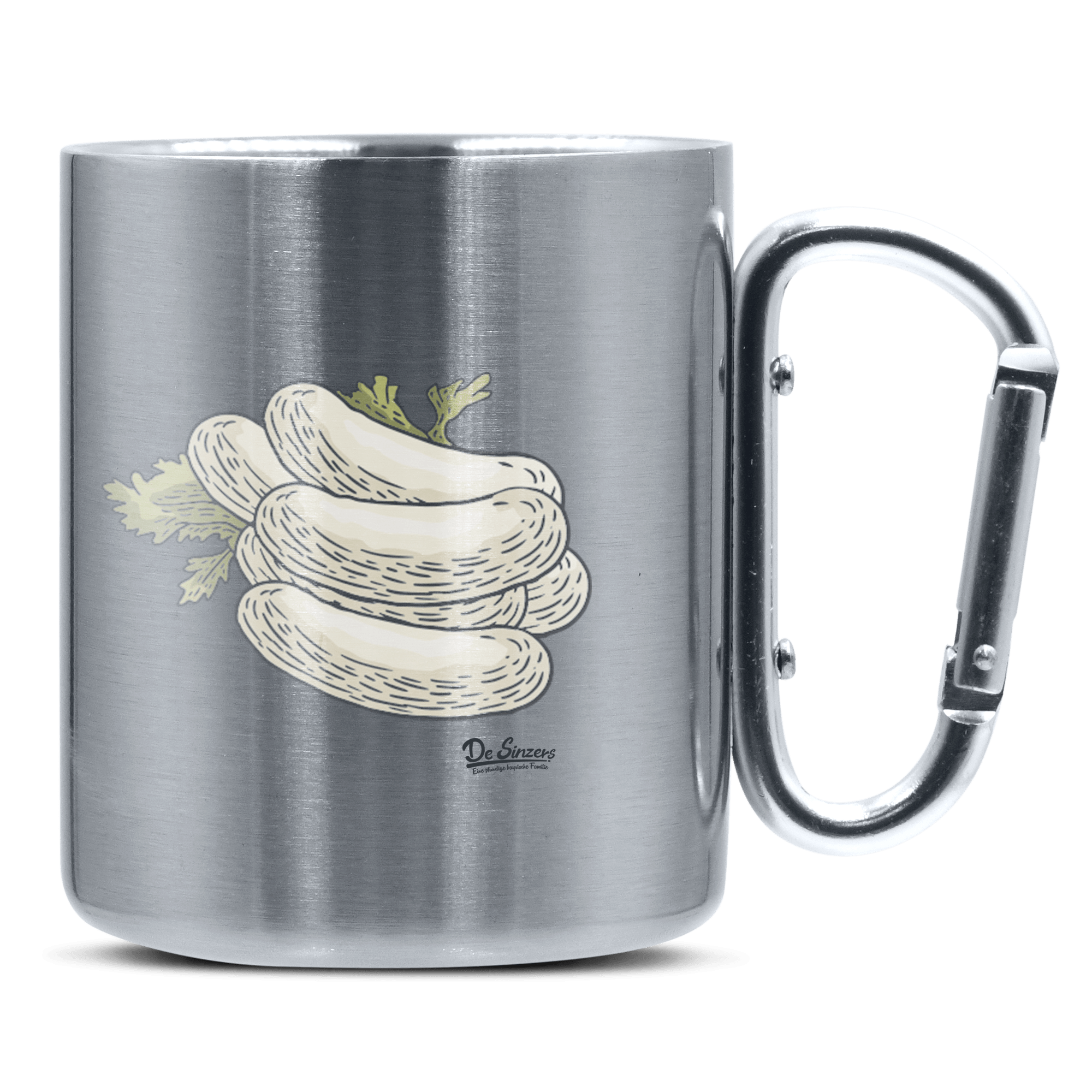 Die Elemente Weißwurscht Edelstahl Kaffeetasse silberer Karabiner 320ml Grosser Traithen Front