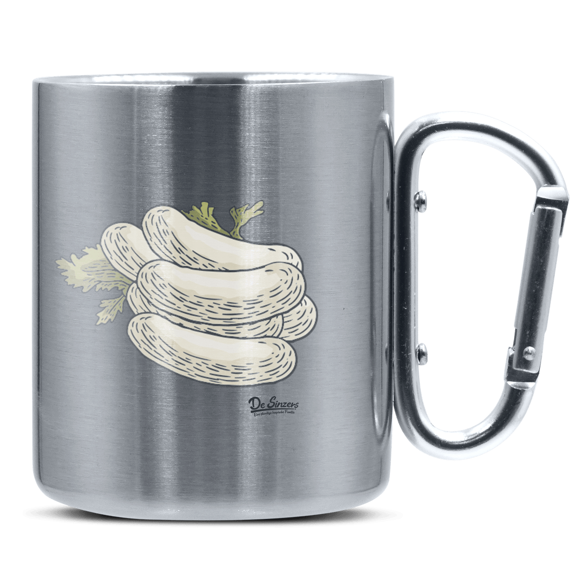 Die Elemente Weißwurscht Edelstahl Kaffeetasse silberer Karabiner 320ml Grosser Traithen Front